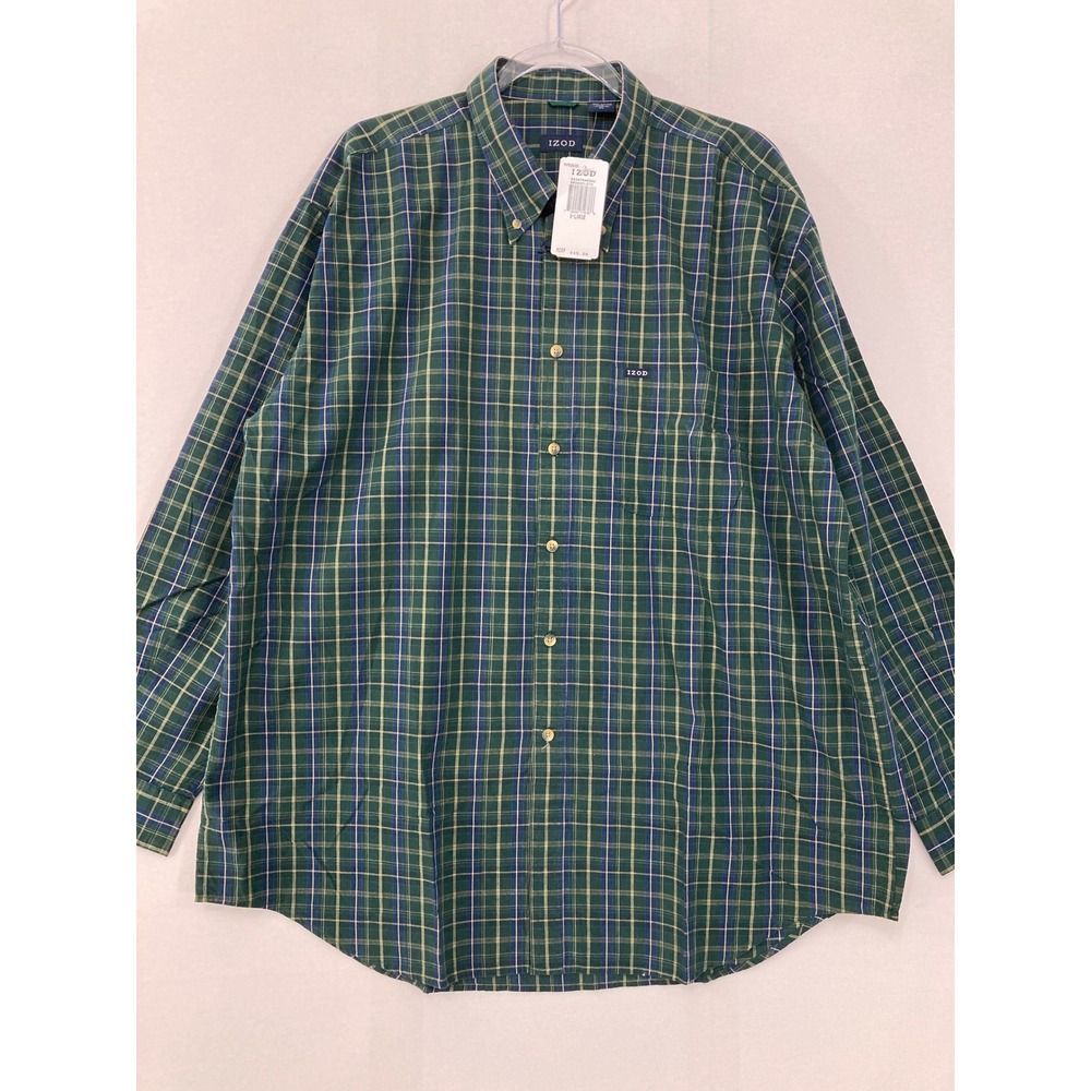 New IZOD Mens Button Down Shirt XL‎ Green Plaid Cotton Long Sleeve Preppy